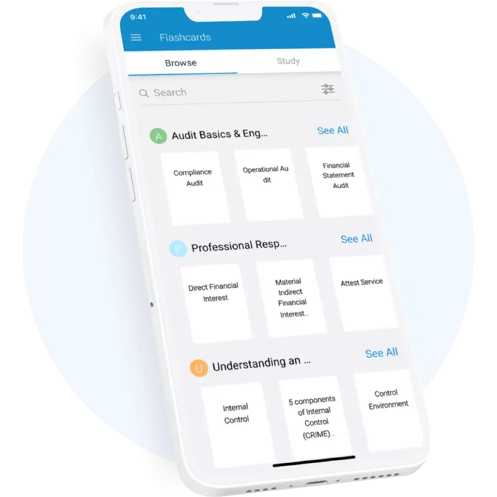 Selectable CPA flashcard topics depicted on a smartphone