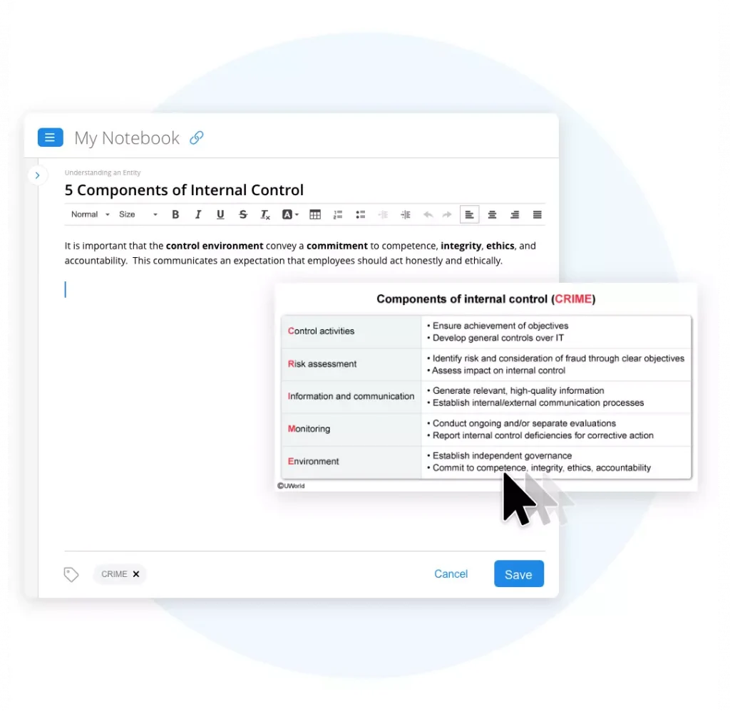 Adding UWorld Roger CPA Review QBank content into a notebook filled with custom text