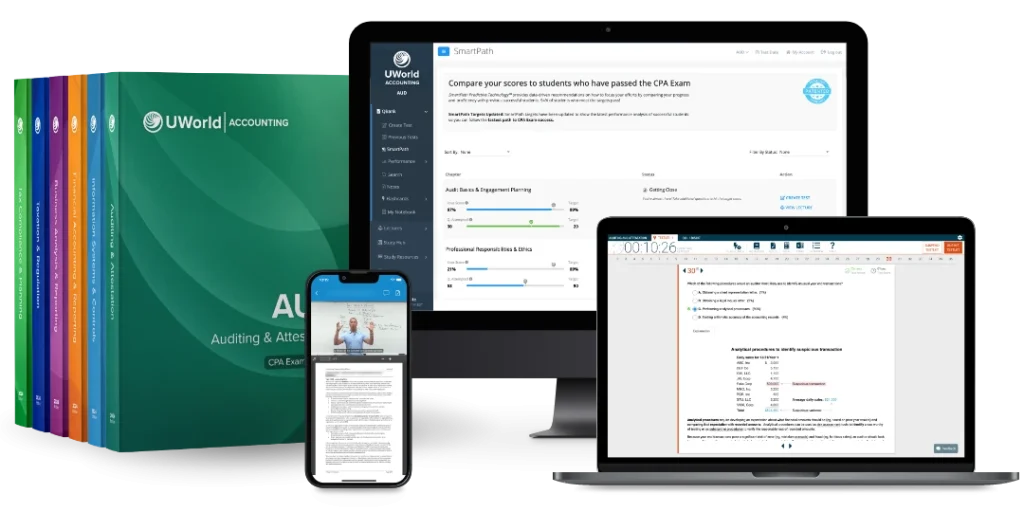 UWorld CPA on mobile, desktop and tablet as well as text books