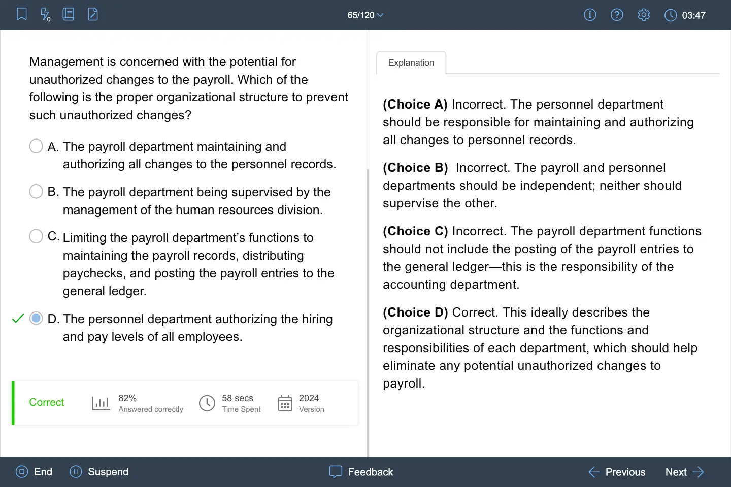 A CIA exam practice question on the UWorld platform.